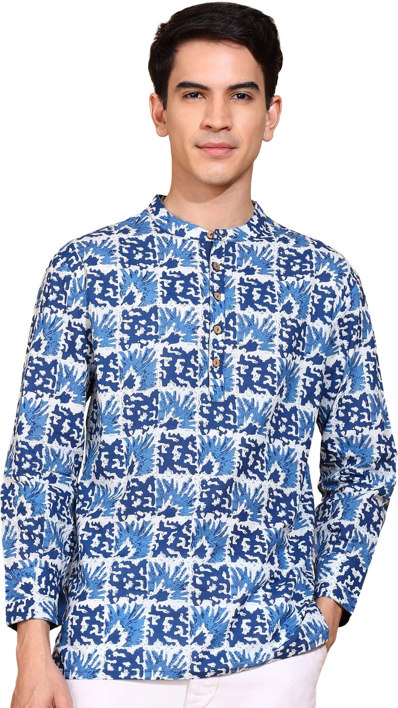 Yash Gallery Men's Cotton Handblock Print Mandarin Collar Full Sleeves Short Kurta (Blue, XXL) - Image 1