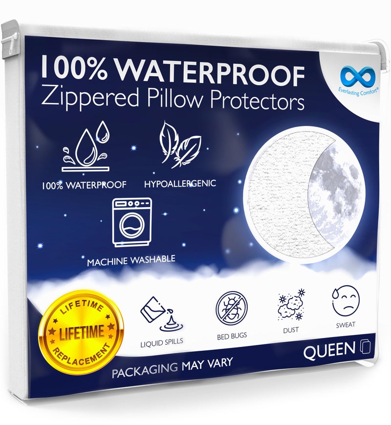 Everlasting Comfort Waterproof Pillow Protector Queen 2Pack  Zippered Hypoallergenic Dust Mite  Bed Bug Proof Allergy Pillow Covers - Image 1