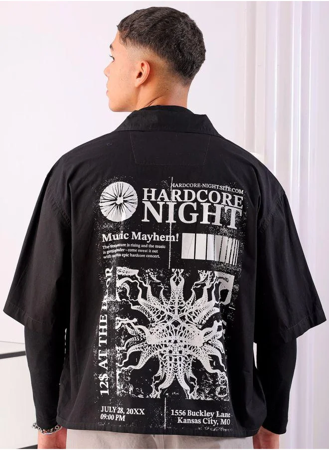 The Indian Garage Co Men Boxy Fit Graphic Print Half Sleeves Cuban Collar Street Wear Cropped Shirt