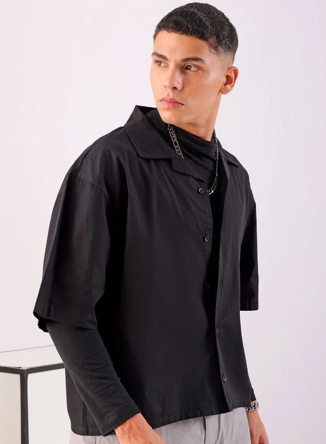 ذا انديان كراج كو Men Boxy Fit Graphic Print Half Sleeves Cuban Collar Street Wear Cropped Shirt