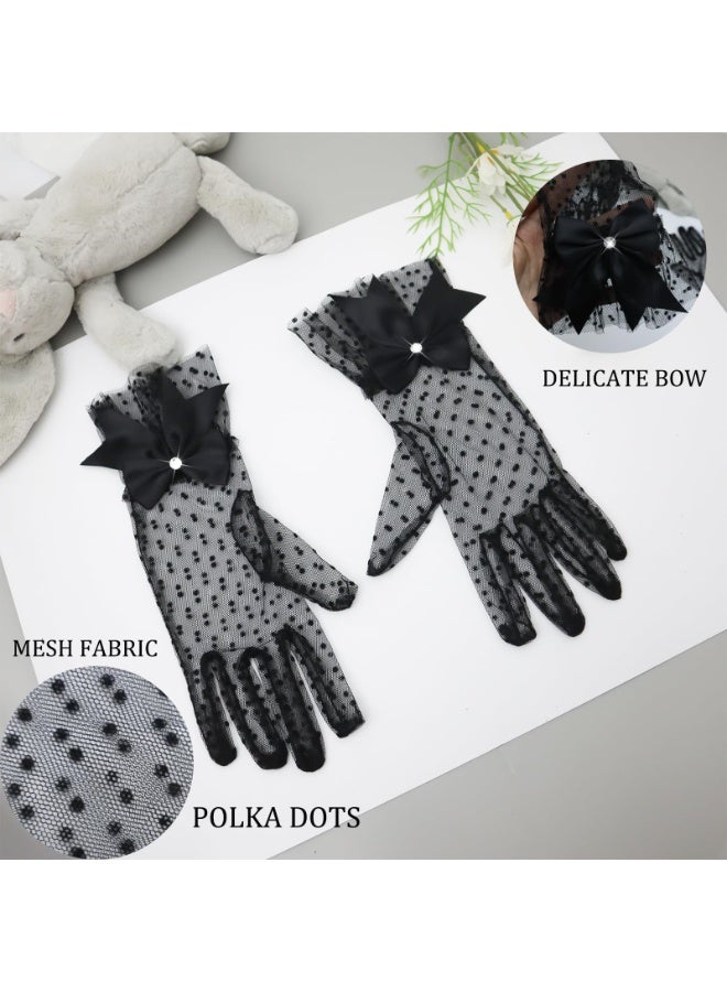 Women Black Mesh Polka Dot Sheer Lace Opera Gloves Bow Accent Long Formal Gloves for Wedding Tea Party Halloween Cosplay Costume - Image 5