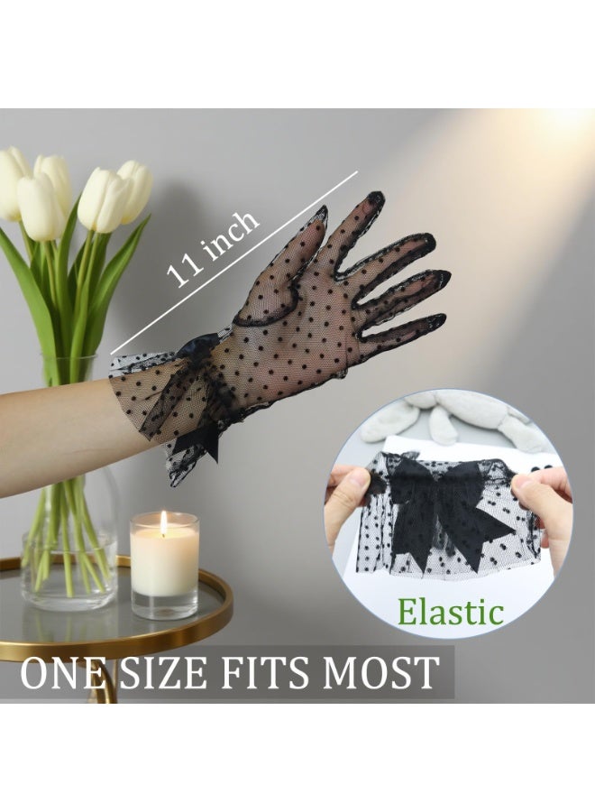 Women Black Mesh Polka Dot Sheer Lace Opera Gloves Bow Accent Long Formal Gloves for Wedding Tea Party Halloween Cosplay Costume - Image 2