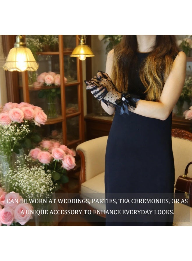 Women Black Mesh Polka Dot Sheer Lace Opera Gloves Bow Accent Long Formal Gloves for Wedding Tea Party Halloween Cosplay Costume - Image 4
