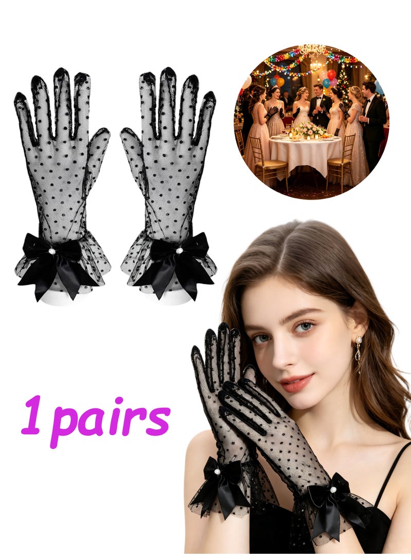 Women Black Mesh Polka Dot Sheer Lace Opera Gloves Bow Accent Long Formal Gloves for Wedding Tea Party Halloween Cosplay Costume - Image 1