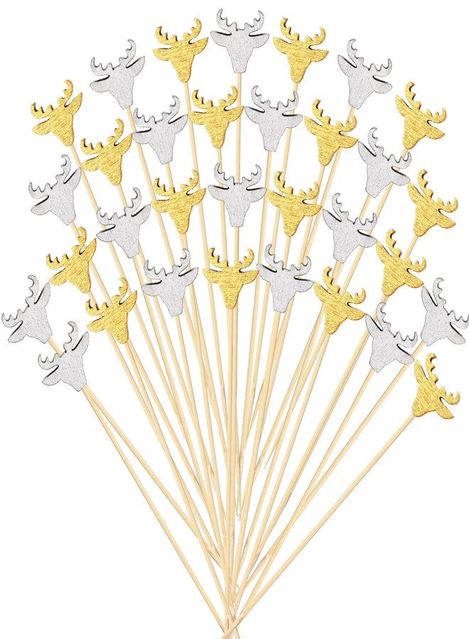 Perthlin 100 Pcs Christmas Cocktail Picks gold and silver Reindeer Party Picks Appetizer Picks Wooden Bamboo Toothpicks Skewers Decorative Sandwich Fruit Sticks for Party Appetizer Supplies - Image 1