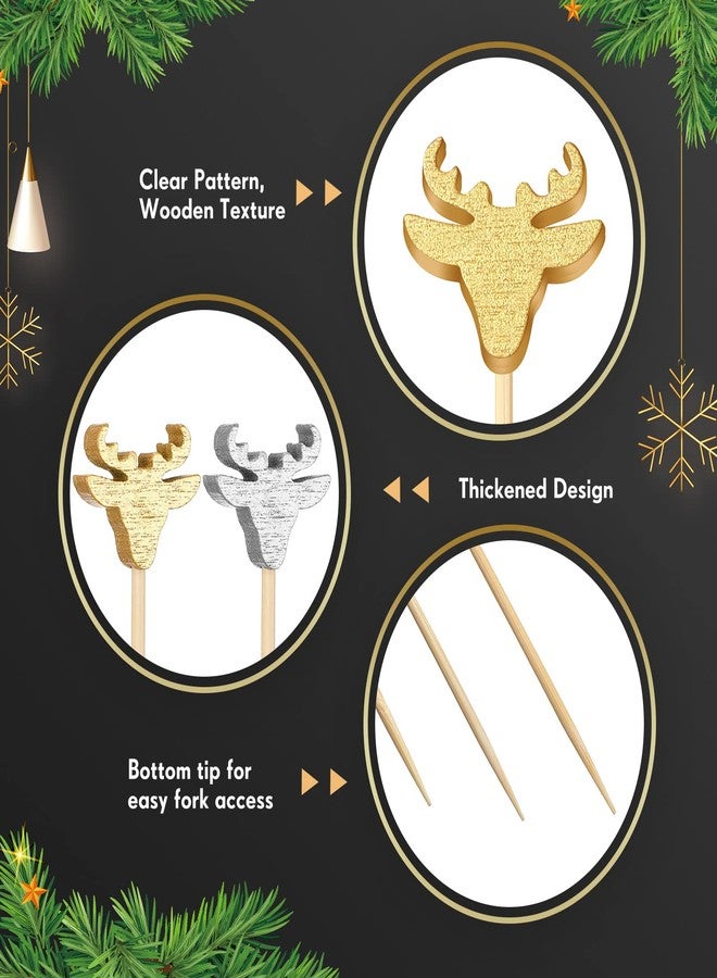 Perthlin 100 Pcs Christmas Cocktail Picks gold and silver Reindeer Party Picks Appetizer Picks Wooden Bamboo Toothpicks Skewers Decorative Sandwich Fruit Sticks for Party Appetizer Supplies - Image 3