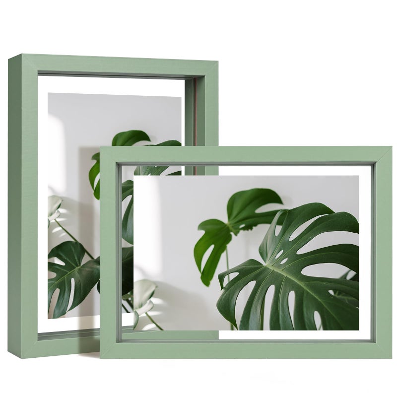 Egofine 5x7 إطارات العائمة مجموعة من 2 إطار صورة مزدوجة plexiglass مصنوعة من الخشب الصلب معرض أي صورة الحجم حتى 5x7 حائط الجدار أو الطاولة الخضراء - Image 1