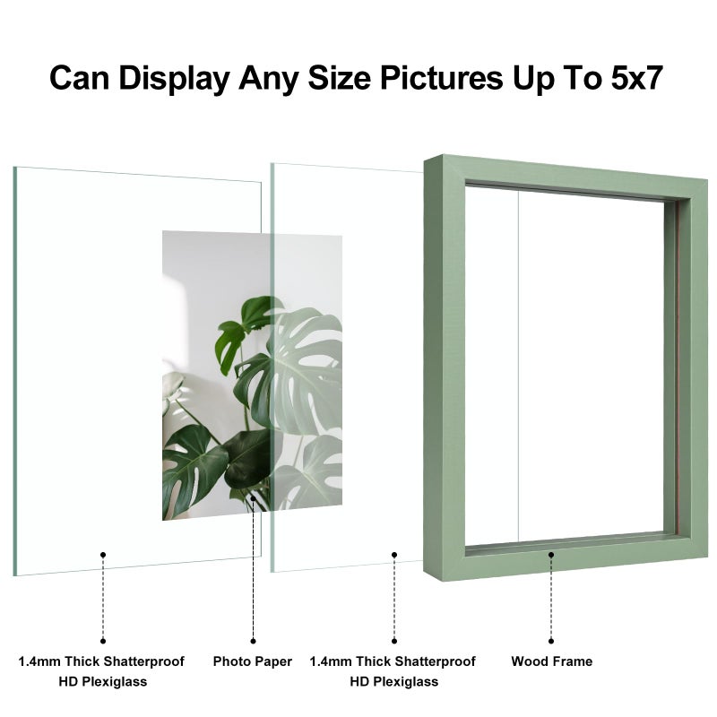 Egofine 5x7 إطارات العائمة مجموعة من 2 إطار صورة مزدوجة plexiglass مصنوعة من الخشب الصلب معرض أي صورة الحجم حتى 5x7 حائط الجدار أو الطاولة الخضراء - Image 3