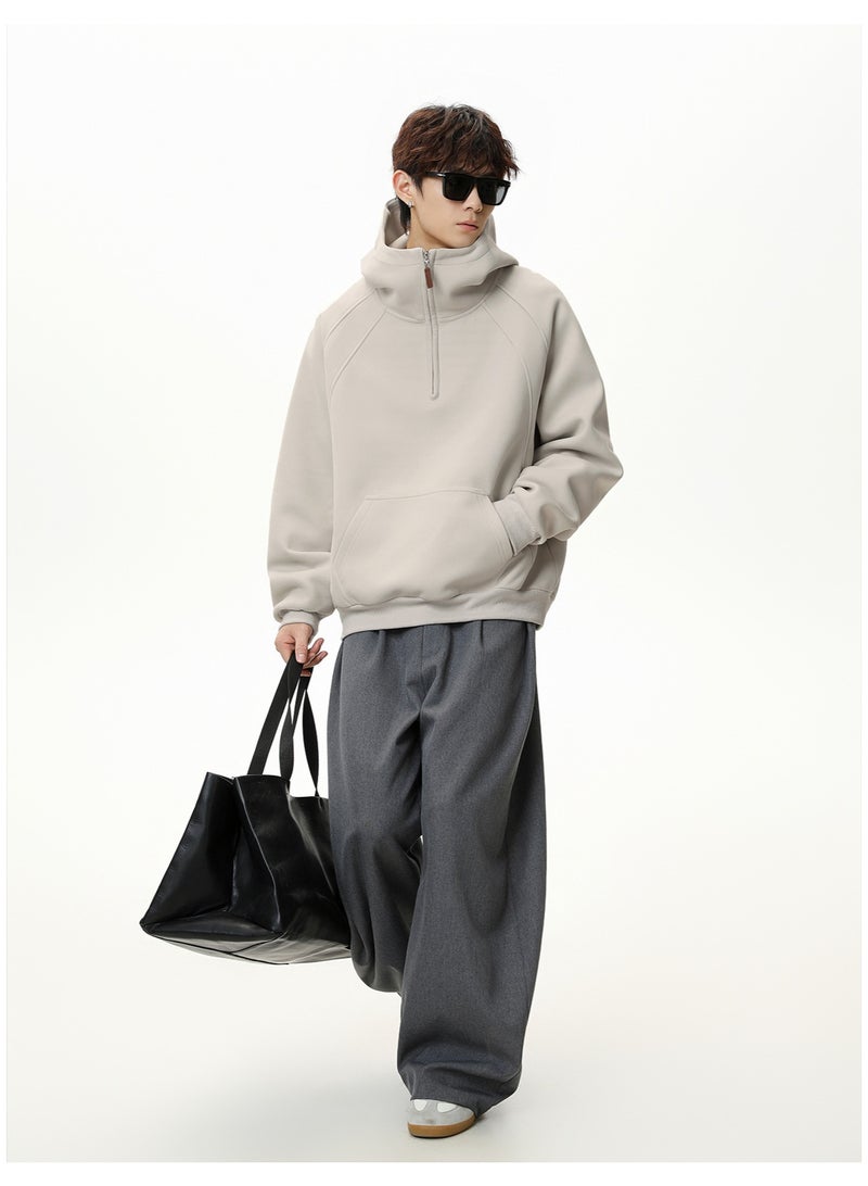 NIBEMINENT Split Half-Zip Heavyweight Hoodie Men, Autumn and Winter Style, Textured Thickened Half-High Collar Solid Color Hoodie - Image 3