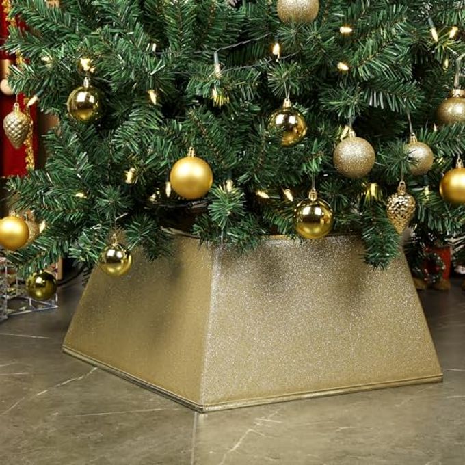 FABRIC CHRISTMAS TREE COLLAR SQUARE CHRISTMAS TREE RING GLITTERING WILLOW CHRISTMAS TREE SKIRT FOR CHRISTMAS TREE DECORATIONS GLITTER GOLD