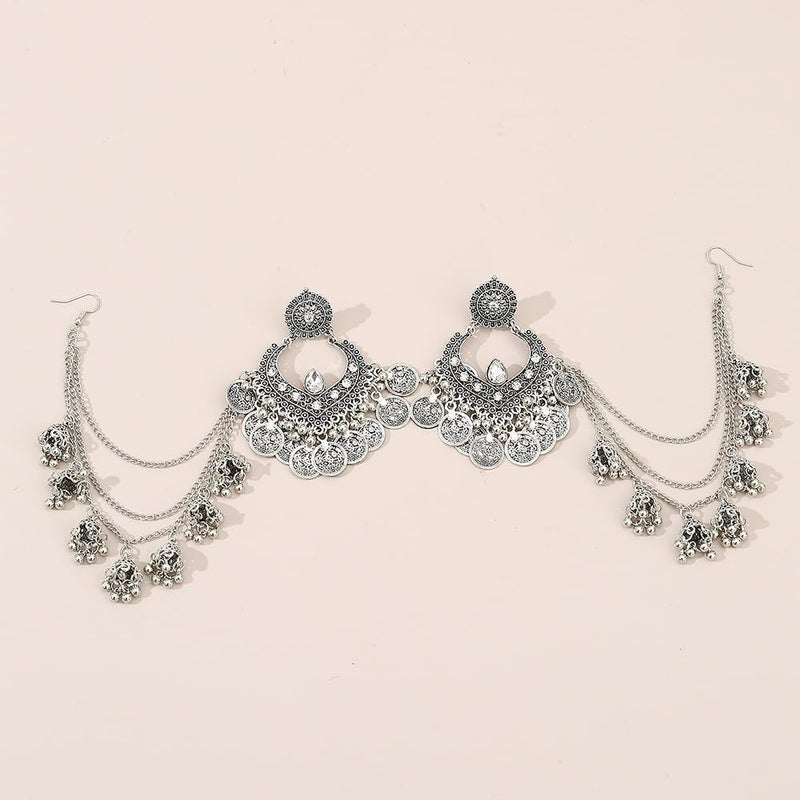 OIDIMS Bohemian Jhumka Jhumki Earrings Traditional Long Chain Tassel Bell Dangle Drop Fashion Dangling Crystal Earring Bollywood Ethnic Gypsy Indian Unique for Women Oxidized Jewelry Gifts (Silver) - Image 4