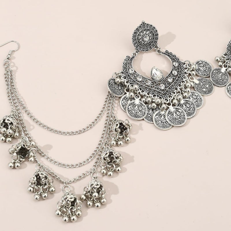 OIDIMS Bohemian Jhumka Jhumki Earrings Traditional Long Chain Tassel Bell Dangle Drop Fashion Dangling Crystal Earring Bollywood Ethnic Gypsy Indian Unique for Women Oxidized Jewelry Gifts (Silver) - Image 3