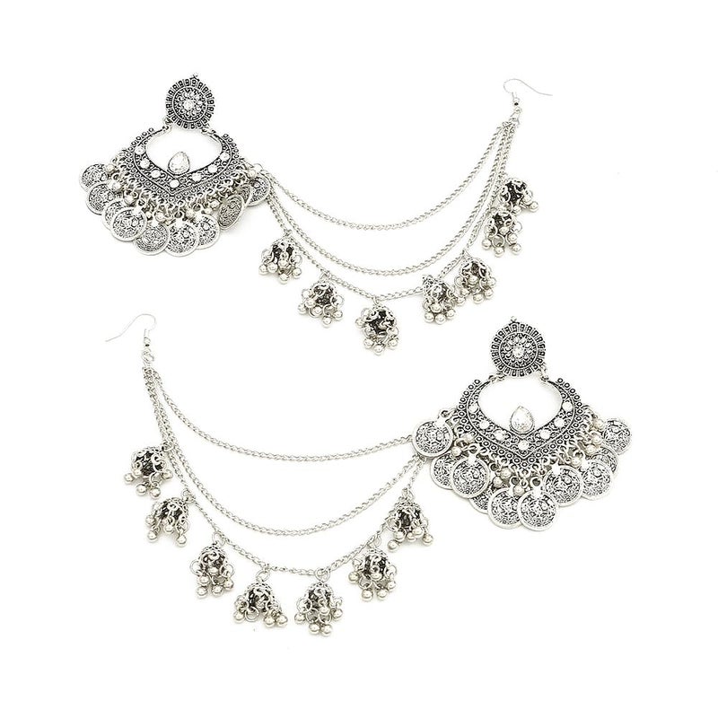 OIDIMS Bohemian Jhumka Jhumki Earrings Traditional Long Chain Tassel Bell Dangle Drop Fashion Dangling Crystal Earring Bollywood Ethnic Gypsy Indian Unique for Women Oxidized Jewelry Gifts (Silver) - Image 1