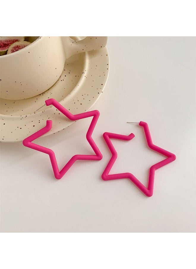 COLORFUL BLING Star Hoop Earings 80S Classic Big Hoop Earrings Retro Neon Geometric Earrings Fluorescence Party Accessories For Women Girlsstar Pink  - Image 2