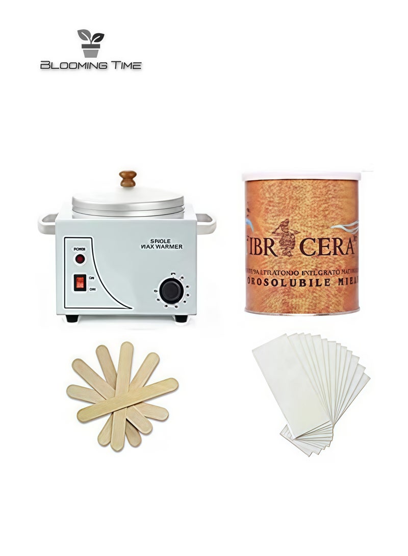 BLOOMING TIME Complete Waxing Kit with Single Wax Heater 600ml Dark Honey Wax 100 Pcs Wax Paper Strip and 10 Pcs Wood Spatula - Image 1