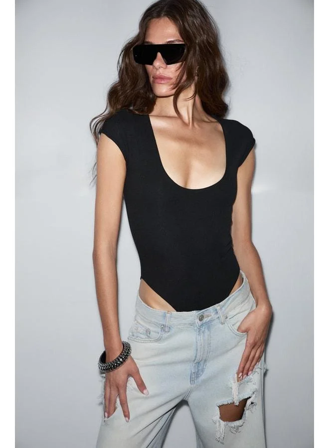 GRIMELANGE NINFA Women's Soft and Stretch Fabric Cutout Collar Snap-Button Black Body-Hugging Bodysuit.