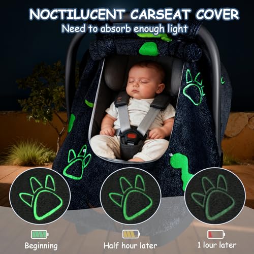 Jundetye Car Seat Cover Baby Boys Girls, Soft Flannel Infant Carseat Cover with 2 Zipper Windows, Dinosaur Carrier Cover Canopy Glow in The Dark, Comfortable & Machine Washable, Blue - Image 3