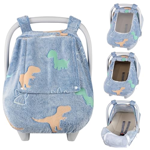 Jundetye Car Seat Cover Baby Boys Girls, Soft Flannel Infant Carseat Cover with 2 Zipper Windows, Dinosaur Carrier Cover Canopy Glow in The Dark, Comfortable & Machine Washable, Blue - Image 1