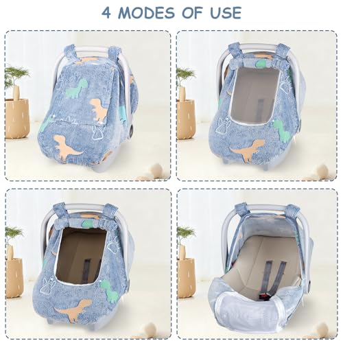 Jundetye Car Seat Cover Baby Boys Girls, Soft Flannel Infant Carseat Cover with 2 Zipper Windows, Dinosaur Carrier Cover Canopy Glow in The Dark, Comfortable & Machine Washable, Blue - Image 4