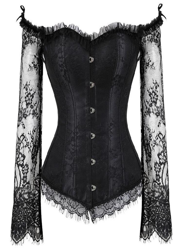 Eckek - Corset Top Bustier Lingerie Women with Long Sleeves Renaissance Plus Size Lace Floral  Costumes Burlesque Red Black White - Image 1