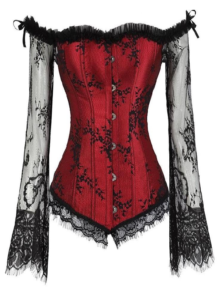 Eckek - Corset Top Bustier Lingerie Women with Long Sleeves Renaissance Plus Size Lace Floral  Costumes Burlesque Red Black White - Image 1