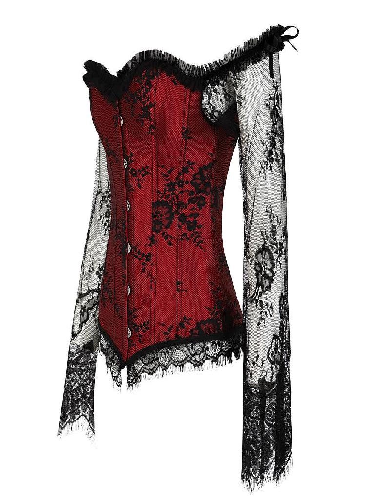 Eckek - Corset Top Bustier Lingerie Women with Long Sleeves Renaissance Plus Size Lace Floral  Costumes Burlesque Red Black White - Image 1