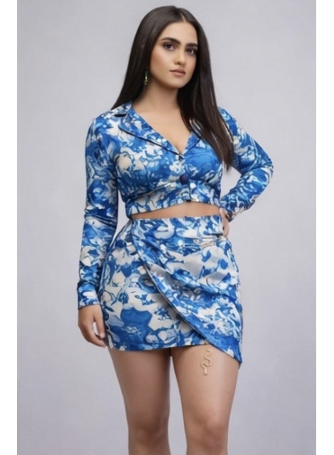 Bold Chic Ocean Blue Print Wrap Co-Ord for Women - Image 3