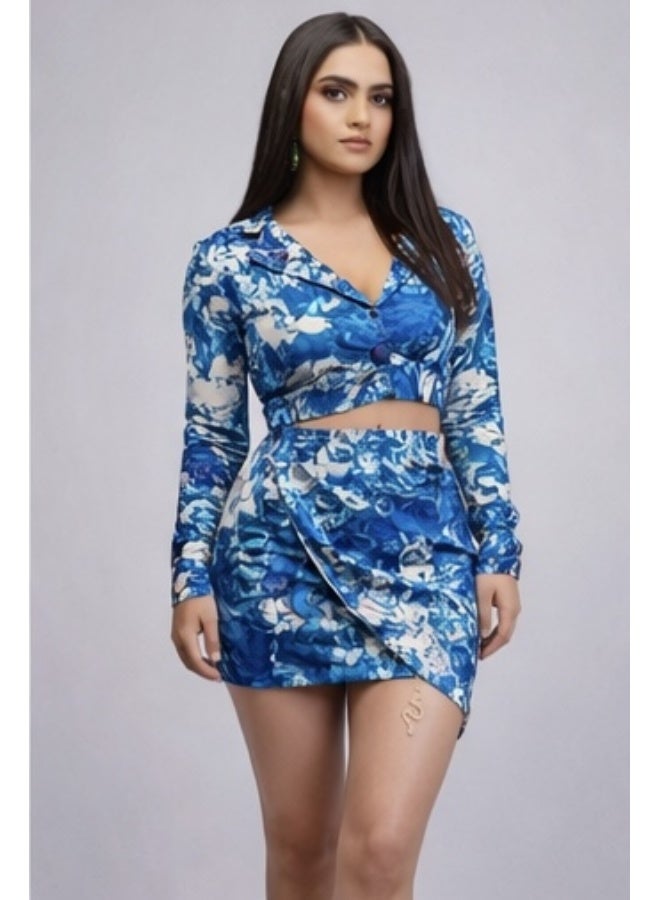 Bold Chic Ocean Blue Print Wrap Co-Ord for Women - Image 1