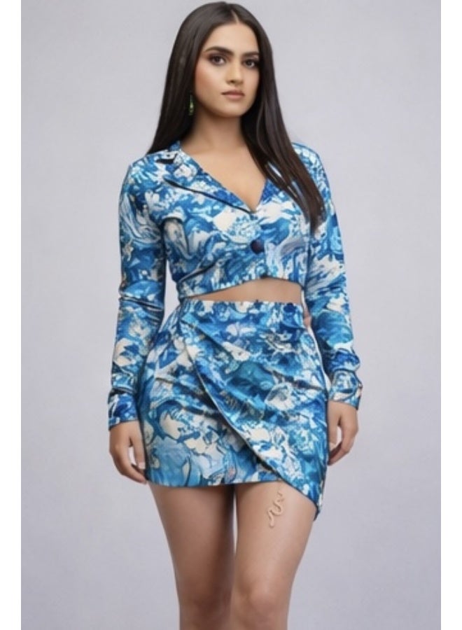 Bold Chic Ocean Blue Print Wrap Co-Ord for Women - Image 2