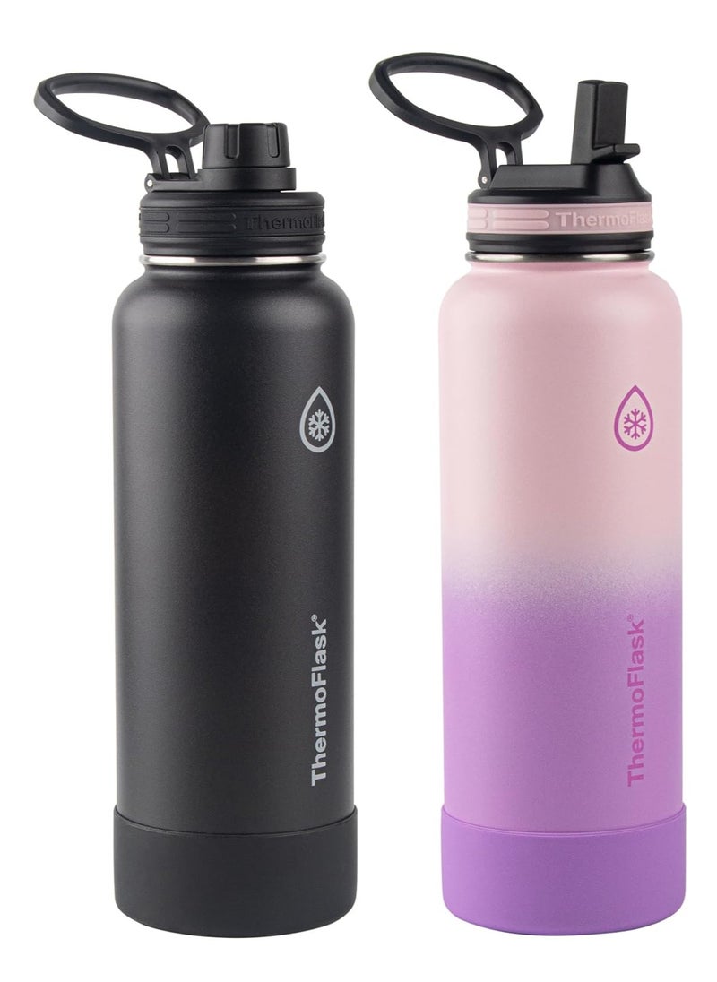 ThermoFlask - 40oz Stainless Steel Insulated Water Bottles with Straw and Spout Lids, 2-pack, Black/Rose Purple 1.2 L - Image 1