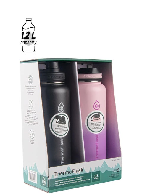 40oz Stainless Steel Insulated Water Bottles with Straw and Spout Lids, 2-pack, Black/Rose Purple 1.2 L