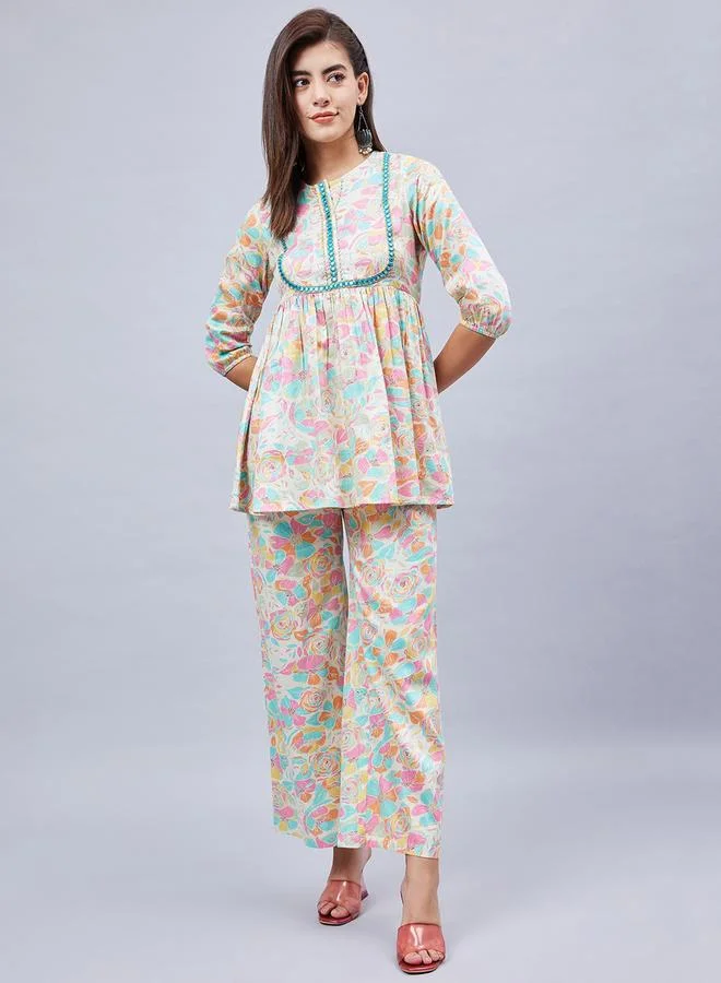 Winered Off-White Floral Tunic And Wide Leg Pants Co-Ord Set