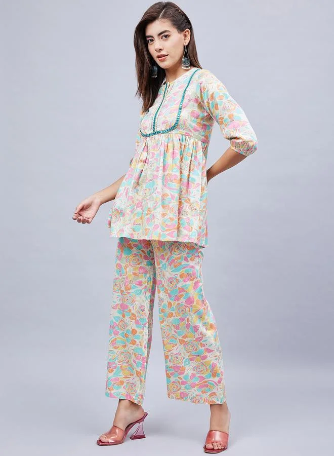Winered Off-White Floral Tunic And Wide Leg Pants Co-Ord Set