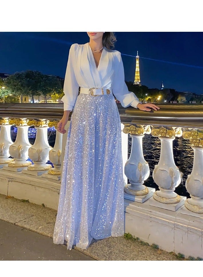 NIBEMINENT Fashionable V-neck Long-sleeved Shirt, Elegant And Graceful, Cinched Waist For Slimming, Sequined Wide-leg Pants - Image 1