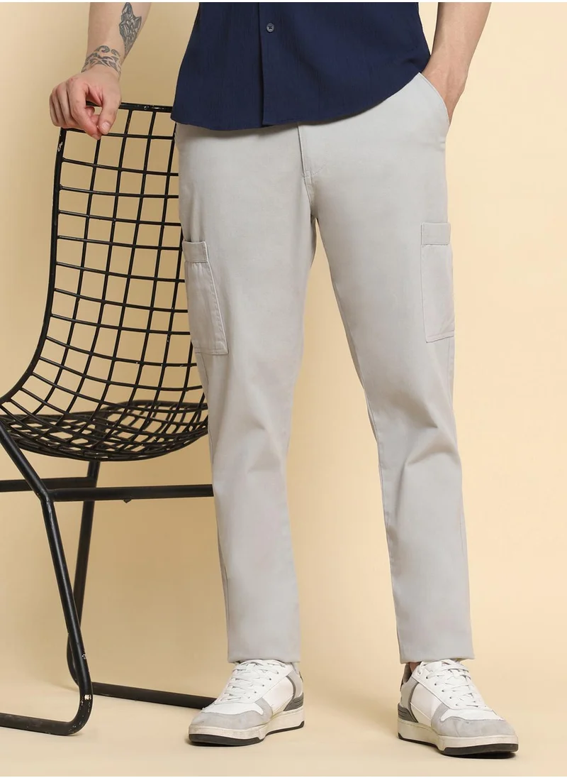 دينيس لينغو Men's Light Grey Cotton Blend Solid Full Length Chinos Tapered Fit Trouser