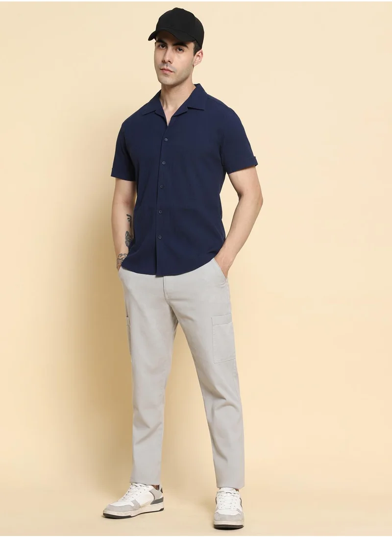 Dennis Lingo Men's Light Grey Cotton Blend Solid Full Length Chinos Tapered Fit Trouser