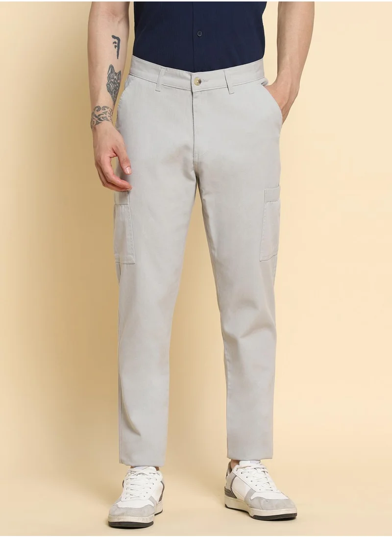 Dennis Lingo Men's Light Grey Cotton Blend Solid Full Length Chinos Tapered Fit Trouser