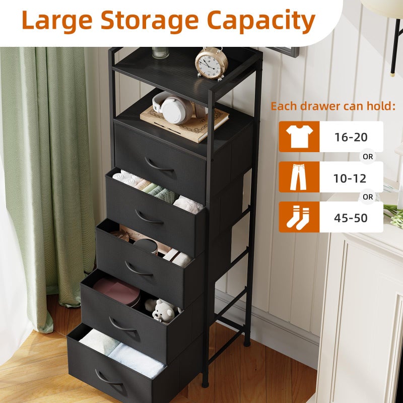 Somdot Tall Dresser for Bedroom, 5 Drawers Nightstand Vertical Storage Tower Unit, Night Stand Furniture with Fabric Drawer Organizer in Bedside Hallway, Entryway, Kids Room, Closet, Black - Image 5