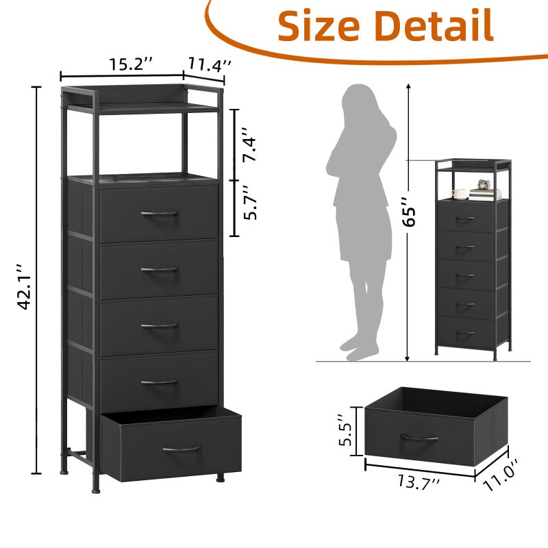Somdot Tall Dresser for Bedroom, 5 Drawers Nightstand Vertical Storage Tower Unit, Night Stand Furniture with Fabric Drawer Organizer in Bedside Hallway, Entryway, Kids Room, Closet, Black - Image 3
