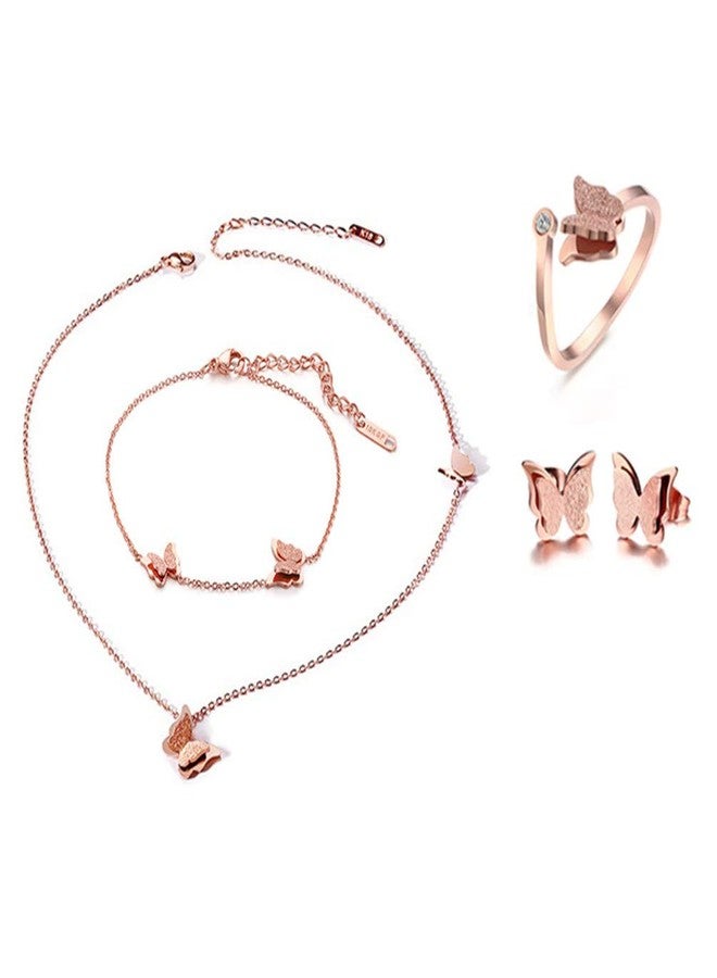 Cupimatch Butterfly Bracelet Ring Earrings Necklace Set, 18k Rose Gold Plated love Jewelry Gift Set for Women (Necklace bracelet earrings ring set) for Mothers Day - Image 1