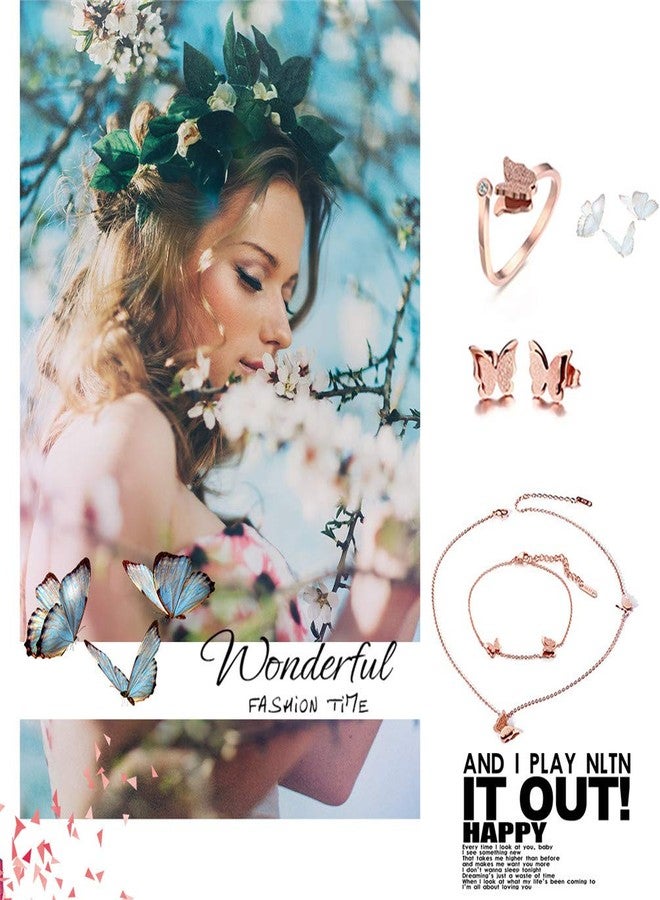 Cupimatch Butterfly Bracelet Ring Earrings Necklace Set, 18k Rose Gold Plated love Jewelry Gift Set for Women (Necklace bracelet earrings ring set) for Mothers Day - Image 2