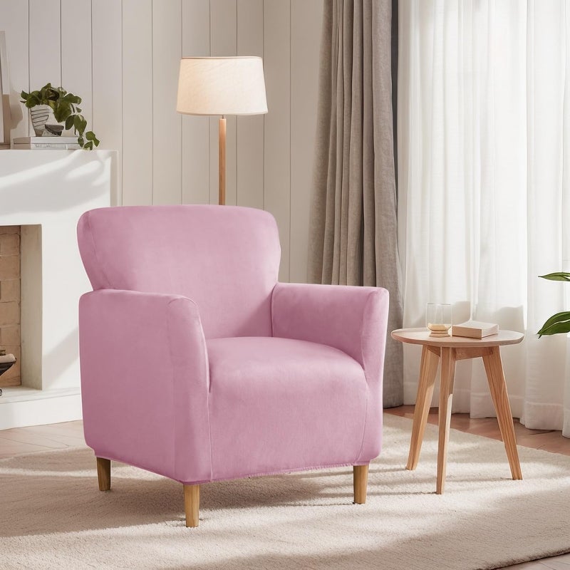 SONNACH Stretch Chair Covers with Arms 1-Piece Banquet Armchair Slipcover Velvet Mid Century Modern Armchair Slipcover Anti-Slip Furniture Protector for Living Room Friendly for Kids Pets (Pink) - Image 2