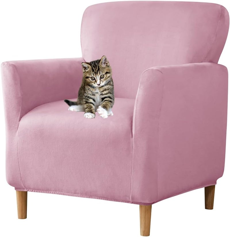 SONNACH Stretch Chair Covers with Arms 1-Piece Banquet Armchair Slipcover Velvet Mid Century Modern Armchair Slipcover Anti-Slip Furniture Protector for Living Room Friendly for Kids Pets (Pink) - Image 1