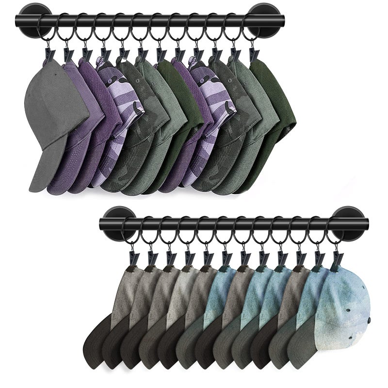 Lunies Hat Rack for Wall with 24 Hooks, Hat Organizer Holder for Baseball Caps, Cap Organizer Hanger, Hat Hanger for Closet, Black Hat Holder with Clips 2 Pack - Image 1
