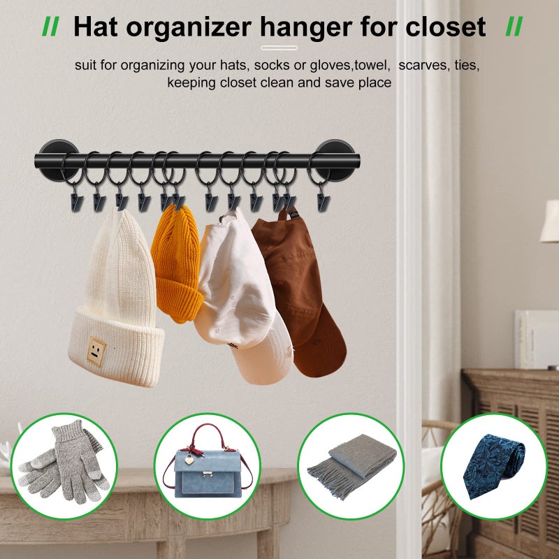 Lunies Hat Rack for Wall with 24 Hooks, Hat Organizer Holder for Baseball Caps, Cap Organizer Hanger, Hat Hanger for Closet, Black Hat Holder with Clips 2 Pack - Image 5
