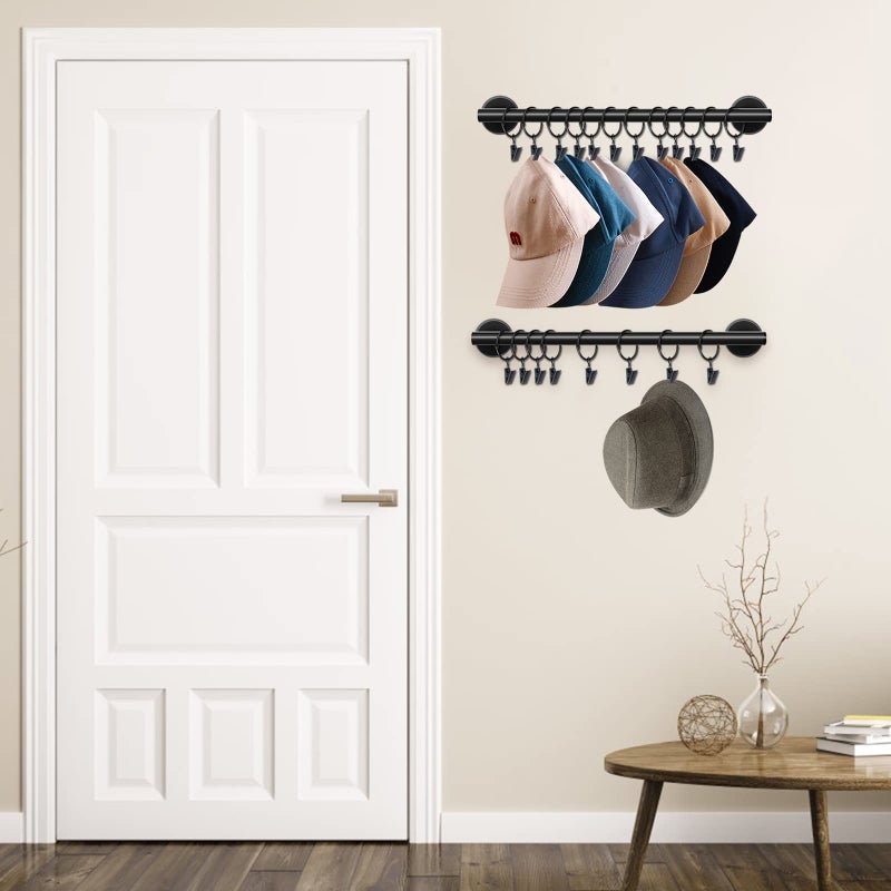 Lunies Hat Rack for Wall with 24 Hooks, Hat Organizer Holder for Baseball Caps, Cap Organizer Hanger, Hat Hanger for Closet, Black Hat Holder with Clips 2 Pack - Image 2