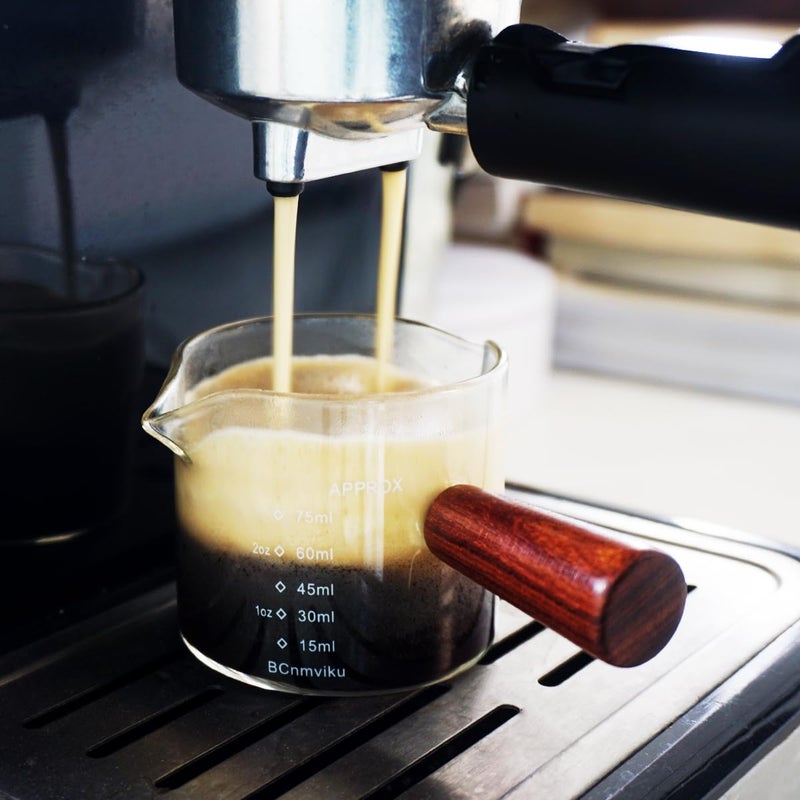 BCnmviku 2 PCS Double Spouts Measuring Triple Pitcher Milk Cup with Wood Handle 75ML Espresso Shot Glasses Parts Clear Glass By BCnmviku - Image 2