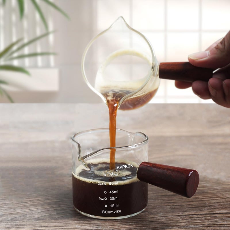 BCnmviku 2 PCS Double Spouts Measuring Triple Pitcher Milk Cup with Wood Handle 75ML Espresso Shot Glasses Parts Clear Glass By BCnmviku - Image 5