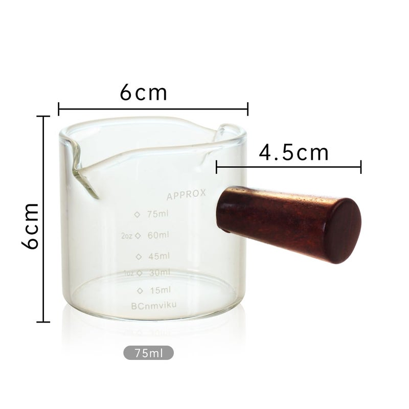BCnmviku 2 PCS Double Spouts Measuring Triple Pitcher Milk Cup with Wood Handle 75ML Espresso Shot Glasses Parts Clear Glass By BCnmviku - Image 4