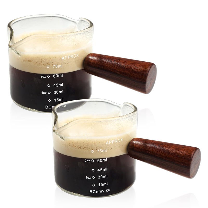 BCnmviku 2 PCS Double Spouts Measuring Triple Pitcher Milk Cup with Wood Handle 75ML Espresso Shot Glasses Parts Clear Glass By BCnmviku - Image 1